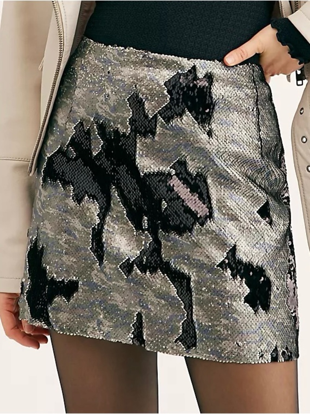 FREE PEOPLE FP One Sequin Mini Skirt Sz 10 Silver Green Camo Black Lined Y2K